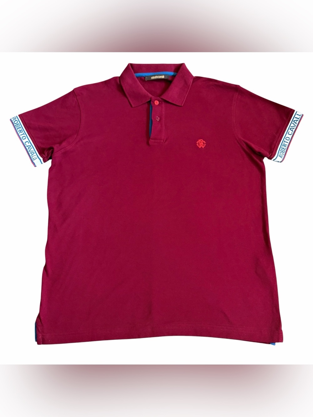 Roberto Cavalli Mens Pique Polo Shirt Sz XL Red Logo Sleeves Designer Luxury EUC